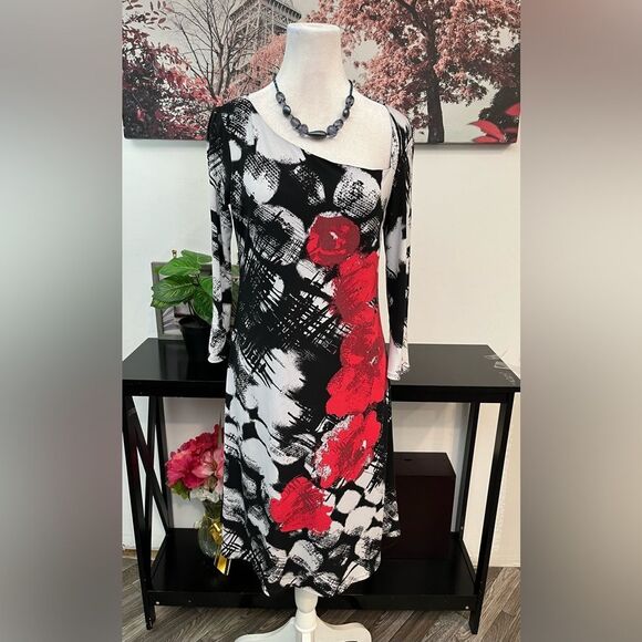 EVO VORRO women’s Sheath Midi Dress Size M Floral Asymmetrical Neck Long Sleeve - Picture 2 of 12